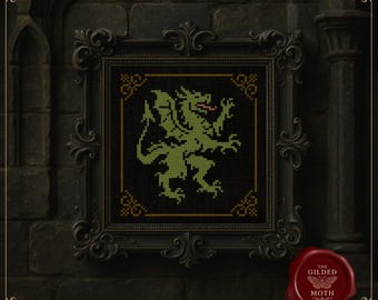 中世ドラゴンのクロスステッチパターン • ゴシック紋章獣刺繍PDF • ファンタジー紋章刺繍 • 中世の壁アートパターン