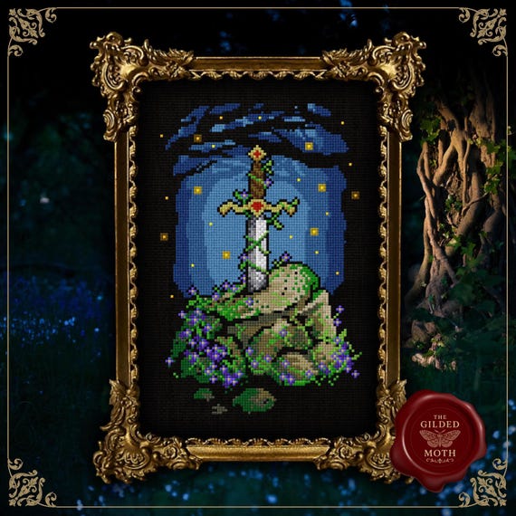 Dark Sword Cross Stitch Pattern PDF, Medieval Gothic Dagger, Fantasy Sword in Stone, Cottagecore medieval Embroidery Chart
