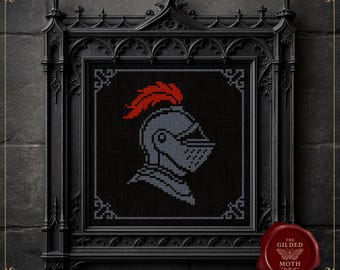中世の騎士の兜のクロスステッチパターン • ゴシック戦士の刺繍PDF • 十字軍の兜の刺繍 • ダークファンタジーのクロスステッチ
