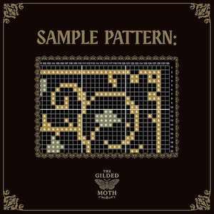 May include: A dark brown graphic with the text "SAMPLE PATTERN:" at the top. The pattern is a grid with gold and white symbols, including stars and ampersands. The bottom of the graphic has the text "THE GILDED MOTH".