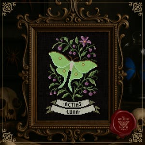 Puede incluir: Arte de punto de cruz de una polilla luna verde con flores moradas sobre un fondo negro, enmarcado en un marco dorado ornamentado. La pancarta dice "ACTIAS LUNA". El logotipo de The Gilded Moth está en la esquina inferior derecha.