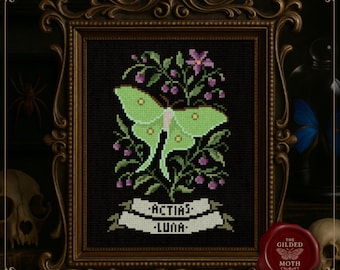 ルナモスクロスステッチパターン • ゴシックボタニカルモスPDF • アクティアスルナ刺繍 • ダークアカデミア自然研究 • ブラックアイーダ装飾