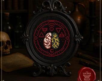 ゴシックブレインクロスステッチパターン • 中世解剖学マンダラPDF • ダークアカデミアオルガン刺繍 • 黒アイーダの象徴的なマインドアート