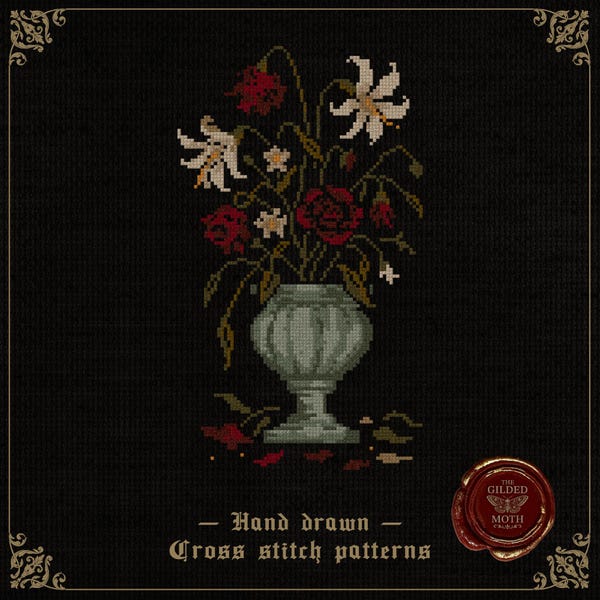 Dead Flowers | Gothic Floral Vase Cross Stitch Pattern | Dark Victorian Still Life Embroidery PDF