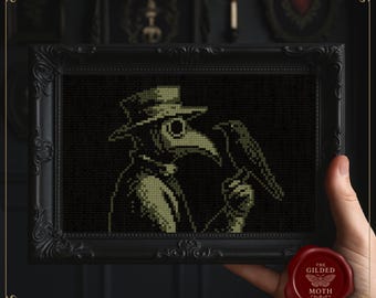 ペスト医師のクロスステッチパターン • ゴシックレイヴン刺繍PDF • ダーク中世ペストマスクの刺繍 • 魔女のブラックワークステッチデザイン