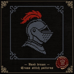 May include: Cross-stitch pattern depicting a knight's helmet in grey with a red plume, set against a black backdrop. The design is framed with decorative borders and includes the text "Hand drawn Cross stitch patterns."