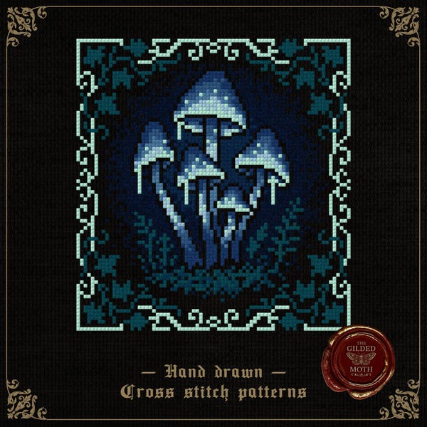 Glowing Toadstools | Gothic Mushroom Cross Stitch Pattern | Dark Fantasy Bioluminescent Embroidery PDF