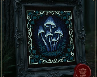 ゴシック調の光るキノコのクロスステッチパターン • 生物発光菌類のPDF • ダークファンタジータペストリー刺繍 • ブルーフェアリーコアブラックアイーダ装飾