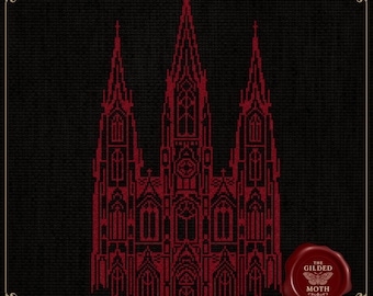 ゴシック大聖堂のクロスステッチパターン • 中世建築のシルエットPDF • レッドワークの黒いアイーダ刺繍 • ダークアカデミアの壁アート