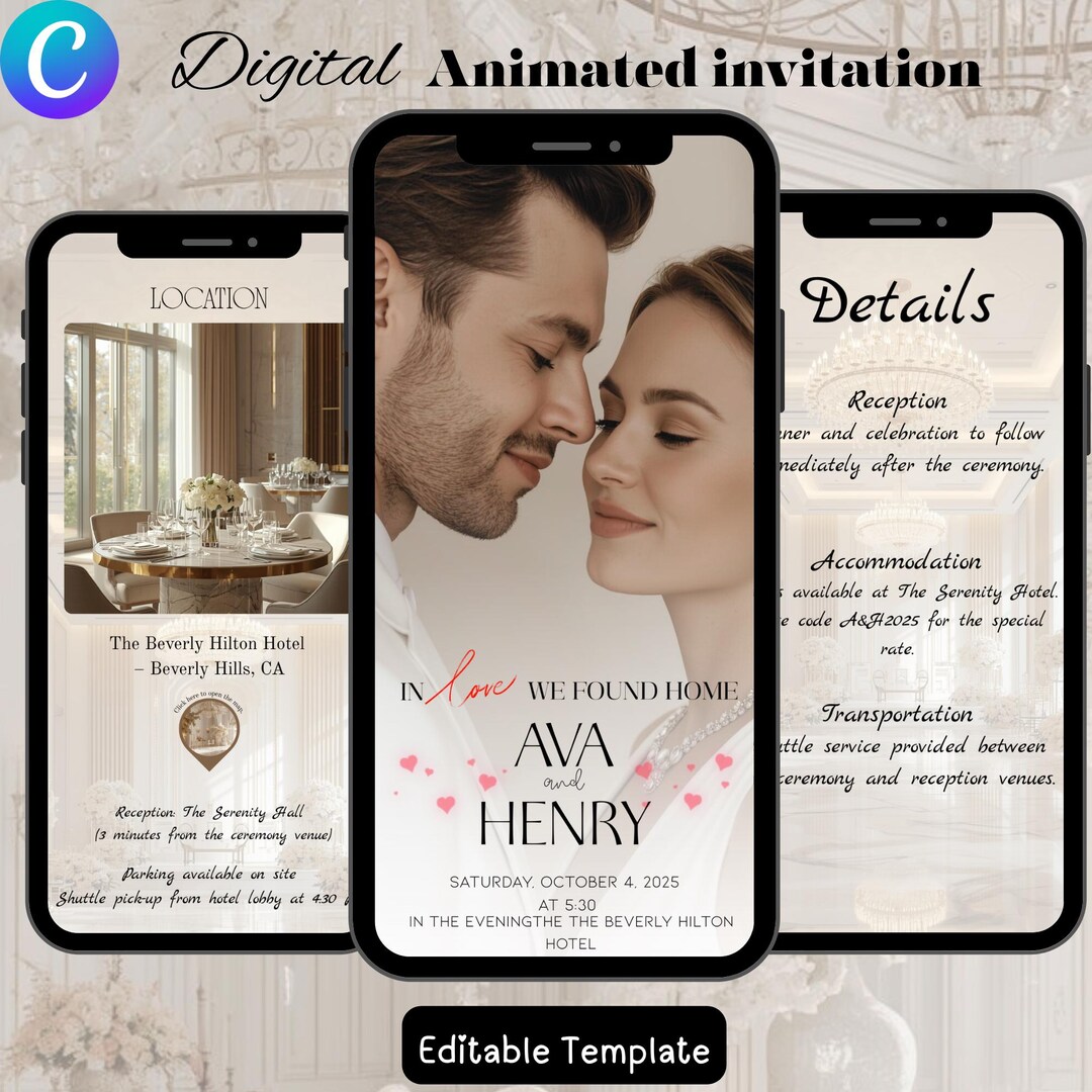 Boho Animated Wedding Invitation Canva Template – Clickable RSVP ...