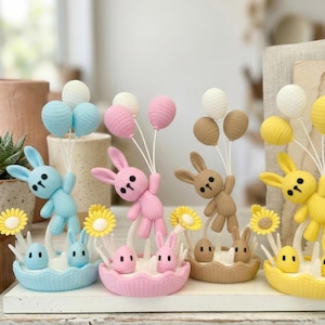 Knitted Bunny Decor | 3D Printed | Pastel Desk Decor, Baby Shower, Gender Reveal, Birthday Party Toy Gift Set of Four Bundle