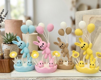Decoración de conejito tejido a mano / Impresión 3D / Decoración de escritorio en tonos pastel, ideal para baby shower, revelación de género o regalo de cumpleaños.