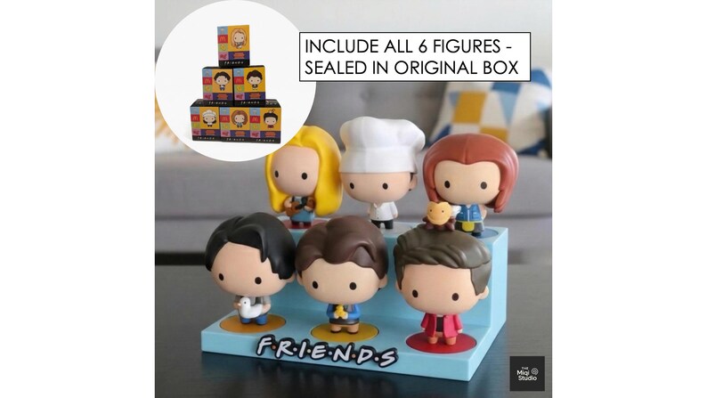 FRIENDS x Mcdonald's Collectible Figures Set with Display Stand (6 Figures) | 3D Printed Stand Sky blue