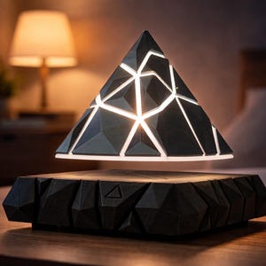 May include: A modern, geometric pyramid lamp in a dark gray color, levitating above a matching base. The pyramid's segmented design reveals bright white light. The lamp is on a wooden surface, with a lamp and nightstand in the background.