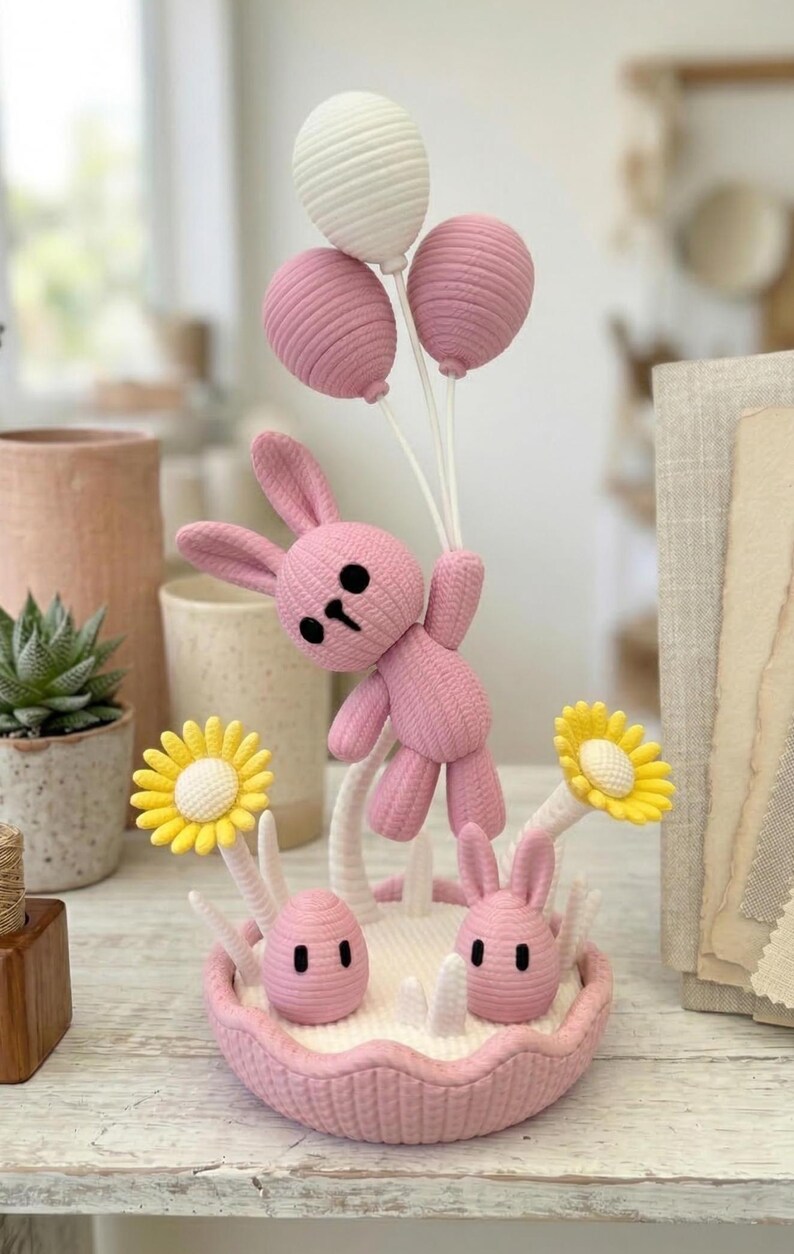 Knitted Bunny Decor | 3D Printed | Pastel Desk Decor, Baby Shower, Gender Reveal, Birthday Party Toy Gift Baby Pink