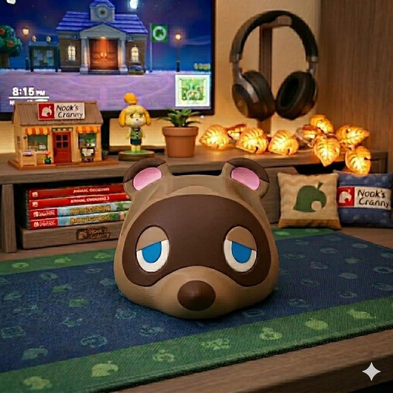May include: A tan and brown Tom Nook head-shaped lamp with blue eyes and pink ears sits on a blue rug. A miniature Nook's Cranny shop, video game cartridges, and a TV displaying a video game are in the background.