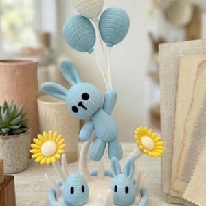 Knitted Bunny Decor | 3D Printed | Pastel Desk Decor, Baby Shower, Gender Reveal, Birthday Party Toy Gift Baby Blue