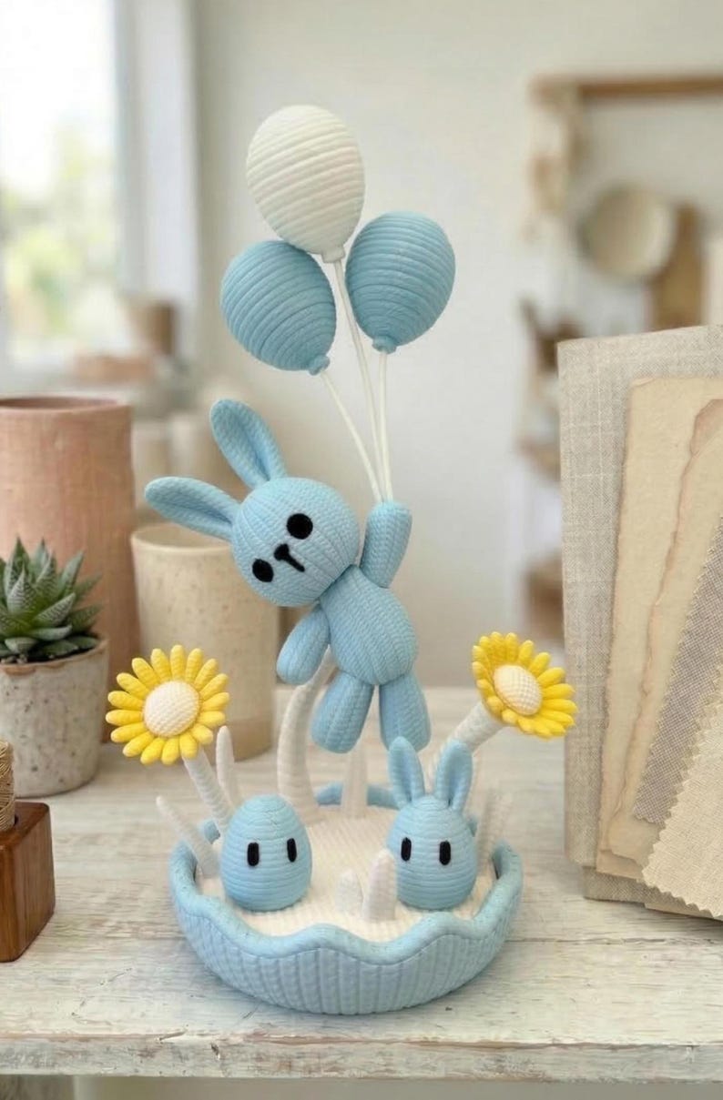 Knitted Bunny Decor | 3D Printed | Pastel Desk Decor, Baby Shower, Gender Reveal, Birthday Party Toy Gift Baby Blue