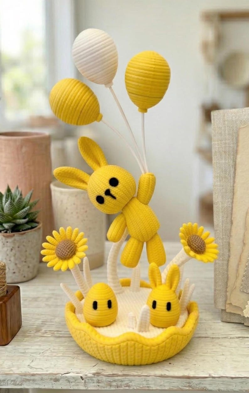 Knitted Bunny Decor | 3D Printed | Pastel Desk Decor, Baby Shower, Gender Reveal, Birthday Party Toy Gift Lemon Yellow