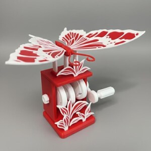 Flapping Dancing Butterfly Wings Hand-Crank Fidget Toy – Interactive Nature 3D Printed Decor Red and White