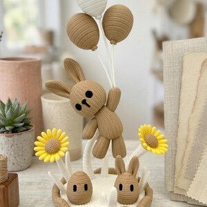 Knitted Bunny Decor | 3D Printed | Pastel Desk Decor, Baby Shower, Gender Reveal, Birthday Party Toy Gift Latte Brown