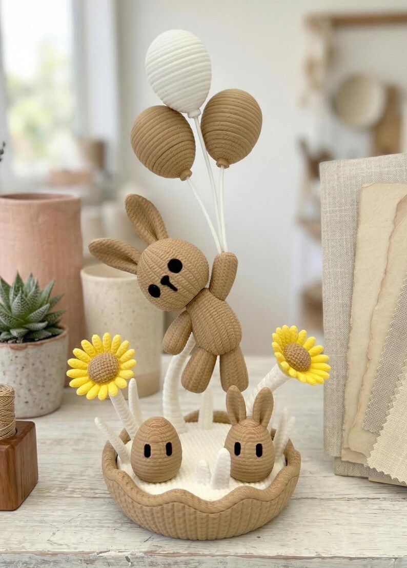 Knitted Bunny Decor | 3D Printed | Pastel Desk Decor, Baby Shower, Gender Reveal, Birthday Party Toy Gift Latte Brown