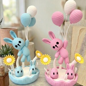Knitted Bunny Decor | 3D Printed | Pastel Desk Decor, Baby Shower, Gender Reveal, Birthday Party Toy Gift Pink and Blue Set