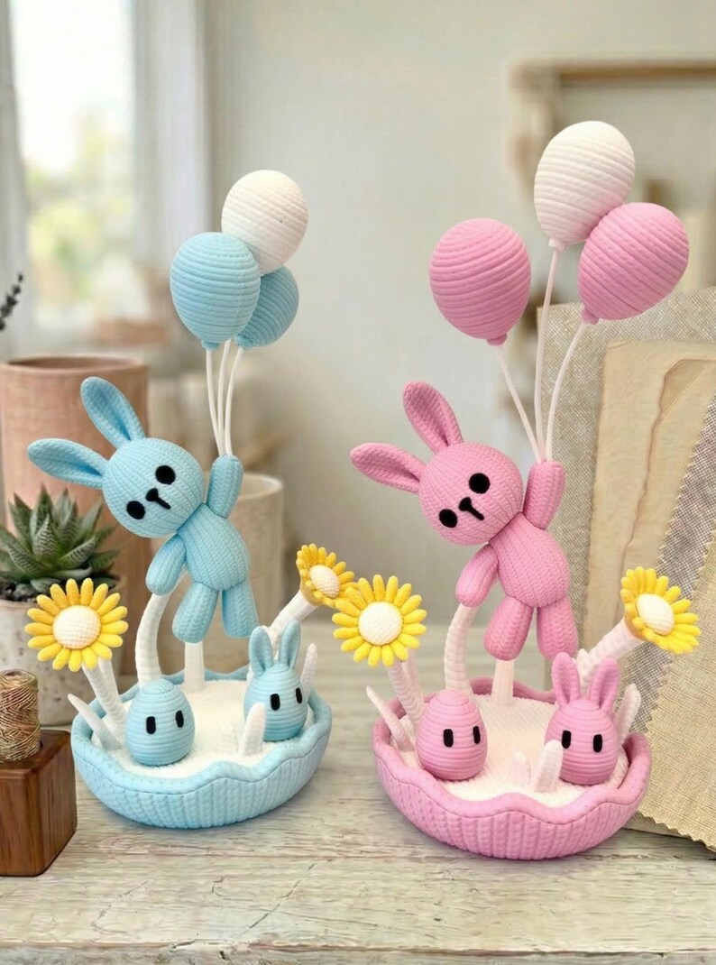 Knitted Bunny Decor | 3D Printed | Pastel Desk Decor, Baby Shower, Gender Reveal, Birthday Party Toy Gift Pink and Blue Set