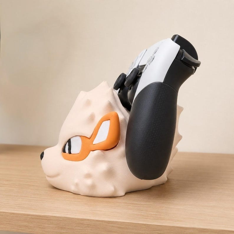 May include: A cream-colored, cartoon-style controller holder shaped like a fox. The fox has orange and white accents around the eyes and ears. A black and white game controller is placed in the holder, with the black grip visible.