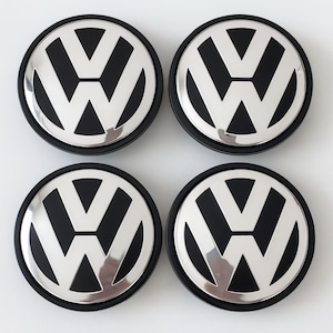 VW Wheel Center Caps 65mm | Set of 4 Silver & Black Alloy Rim Hub Caps | Replacement for VW Emblem Center Covers