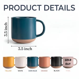 K&ouml;nnte beinhalten: Eine teal-farbene Keramiktasse mit beigefarbenem Boden, ca. 8,9 cm hoch und breit. Das Bild zeigt Produktdetails und eine Auswahl an Tassen in Gelb, Wei&szlig;, Dunkelblau, Orange, Schwarz und Pink. Die pinke Tasse ist mit "SOLD OUT" gekennzeichnet.