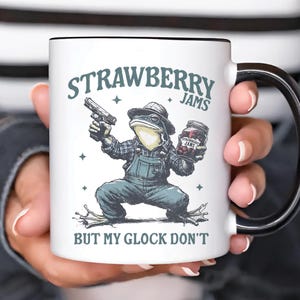 Geleia de morango, mas minha Glock não, caneca engraçada com arma de sapo, xícara de café com meme, presente patriótico pró-armas, segunda emenda