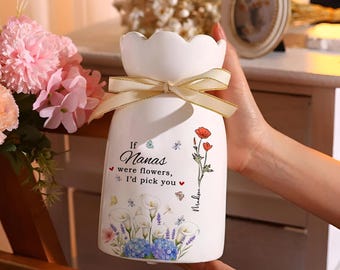 もし…花だったら、あなたの誕生月の花を選びます。パーソナライズされた陶器の花瓶。おばあちゃん、乳母、おばあちゃん、お母さんへの贈り物。