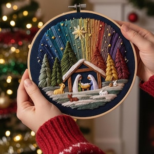 Può includere: Scena natalizia ricamata in un cerchio di legno. L'opera raffigura una scena della natività con un cielo arcobaleno, alberi e animali. Il cerchio è tenuto contro uno sfondo di un albero di Natale e un camino.