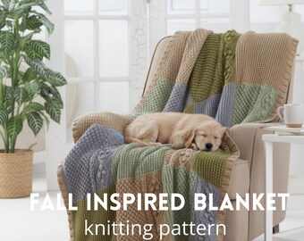 May include: A patchwork blanket in autumnal tones of green, beige, and grey, with various knitted textures. The blanket is draped over a chair. The image includes the text "FALL INSPIRED BLANKET knitting pattern".