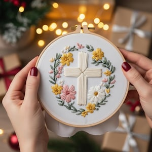 Borduurpakket bloemen kruis – doe-het-zelfhandborduurset voor beginners | Christelijke knutselset | Op geloof geïnspireerde muurkunst