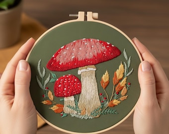 Mushroom Embroidery Kit – DIY toadstool Woodland Hand Embroidery Set | Beginner-Friendly Craft | Botanical Wall Art