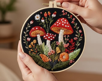 Mushroom Embroidery Kit – DIY toadstool Woodland Hand Embroidery Set | Beginner-Friendly Craft | Botanical Wall Art