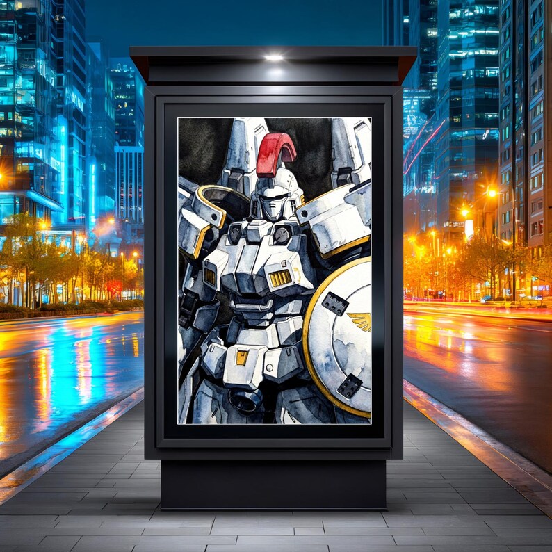 A large digital city billboard or transit shelter poster displaying a dramatic gundam wallpapers hd wallpaper 4k portrait of the Tallgeese. Set against a blurred, vibrant metropolitan night street backdrop, it illustrates the artwork styled as a bold, cinematic vintage japanese movie poster.