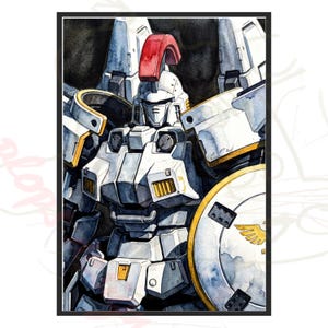 A standalone watercolor portrait of the tallgeese gundam mecha showcased within a sleek black and white matted border. This classic anime artwork highlights the mobile suit's stark white armor plating, dramatic red helm crest, and detailed golden shield emblem, making it a premium digital background or a high-resolution candidate for an instant digital download poster print.