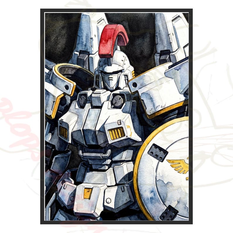 A standalone watercolor portrait of the tallgeese gundam mecha showcased within a sleek black and white matted border. This classic anime artwork highlights the mobile suit's stark white armor plating, dramatic red helm crest, and detailed golden shield emblem, making it a premium digital background or a high-resolution candidate for an instant digital download poster print.