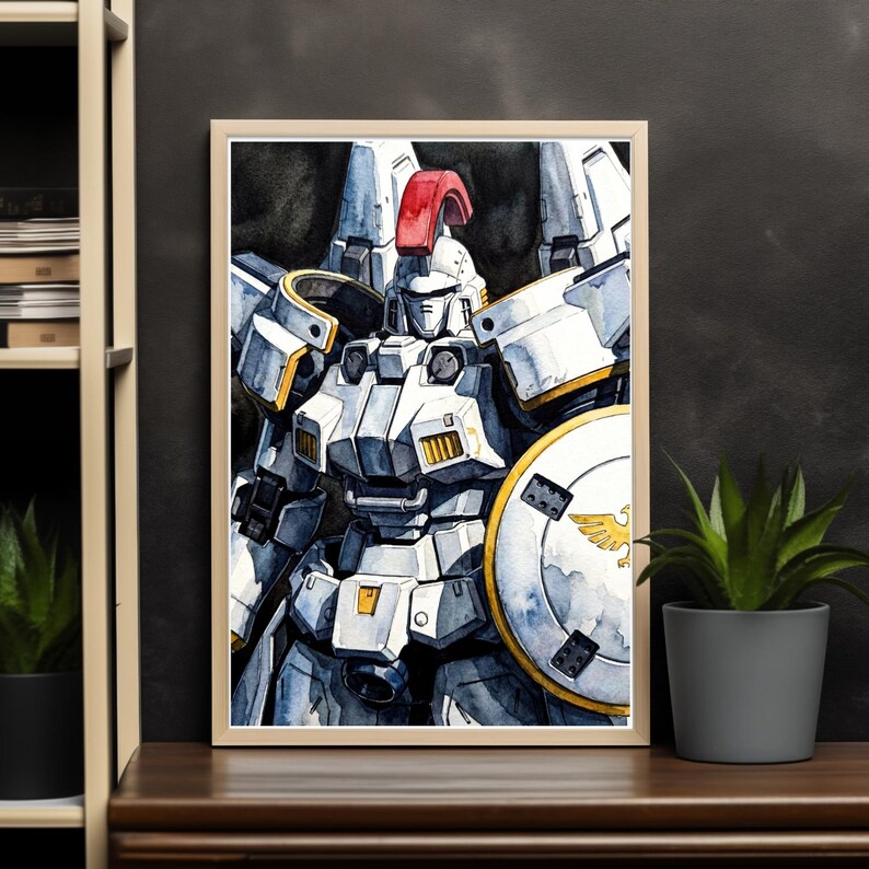 A wood-framed watercolor portrait of a white classic anime mobile suit leaning against a dark charcoal accent wall. Placed neatly on a deep wooden sideboard next to a dark potted succulent, this conceptual art layout provides high-end sci fi home styling inspiration.