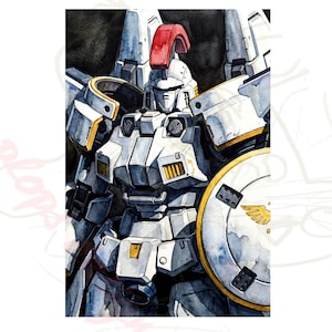 High-detail mecha model watercolor painting of the Tallgeese mobile suit, capturing textured paint strokes and rich, atmospheric shadowing. This striking mobile suit gundam print highlights the sharp lines and complex shield detailing of the famous bandai mechanical design, making it an excellent art asset for fans looking to create a custom desk playmat or digital wall theme.