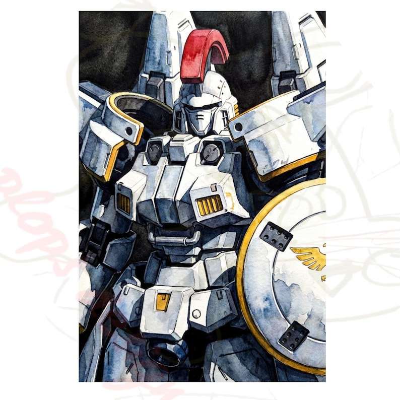 High-detail mecha model watercolor painting of the Tallgeese mobile suit, capturing textured paint strokes and rich, atmospheric shadowing. This striking mobile suit gundam print highlights the sharp lines and complex shield detailing of the famous bandai mechanical design, making it an excellent art asset for fans looking to create a custom desk playmat or digital wall theme.