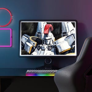 A sleek computer monitor showcasing a striking gundam wallpapers hd wallpaper 4k pc background of the Tallgeese mecha. Set in a dark gaming environment with ambient red and pink neon wall lighting, this digital layout is optimized for high-end gundam wallpapers hd wallpaper 4k setups.