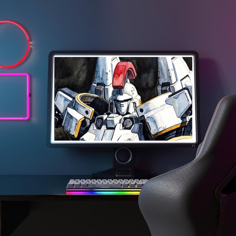 A sleek computer monitor showcasing a striking gundam wallpapers hd wallpaper 4k pc background of the Tallgeese mecha. Set in a dark gaming environment with ambient red and pink neon wall lighting, this digital layout is optimized for high-end gundam wallpapers hd wallpaper 4k setups.