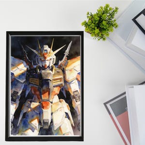May include: Watercolor painting of a detailed robot in a black frame. The robot is primarily white, orange, and blue, with sharp, angular features. The artwork is set against a dark background, highlighting the robot's design.
