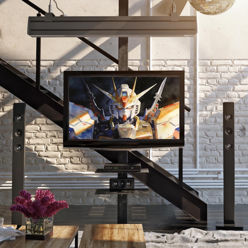 A large flat-screen TV in a modern industrial loft displaying a high-definition mobile suit gundam wing wallpaper of the Deathscythe Gundam. This mockup illustrates how a gundam wallpapers hd wallpaper 4k can transform a living space into a cinematic gundam wallpapers hd wallpaper 4k pc showcase.