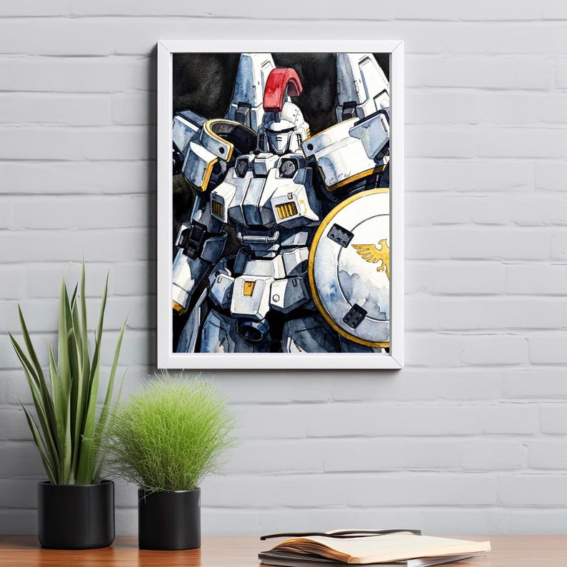 A minimalist workspace mockup with a white-framed robot wall art print of the Tallgeese mounted on a clean white brick wall. Positioned above a desk with an open notebook, it shows how an instant digital download watercolor painting can add focal personality to a creative home office.