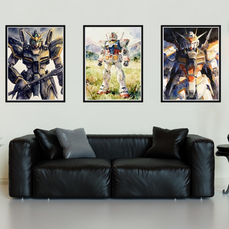 Three framed watercolor gundam wallpapers hd wallpaper 4k prints hanging in a gallery row above a black leather sofa. The set features the Deathscythe and other iconic mecha, showcasing how mobile suit gundam wing wallpaper art can serve as sophisticated interior design.